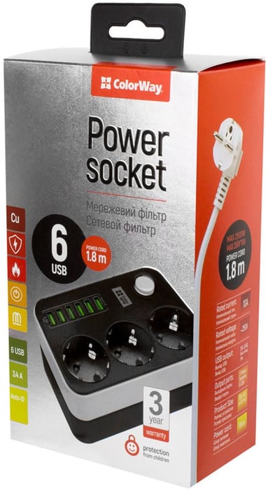 Мережевий фільтр ColorWay 3 розетки/6USB Black 1.8M | Фото 2
