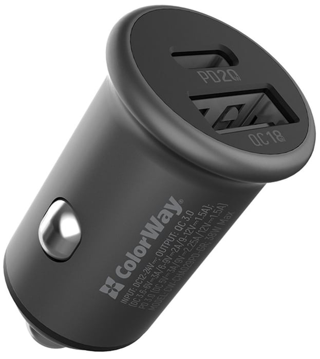 Автомобільний зарядний пристрій ColorWay 2USB (Type-C PD20W + USB QC3.0 ) (38W) Gray | Фото 2