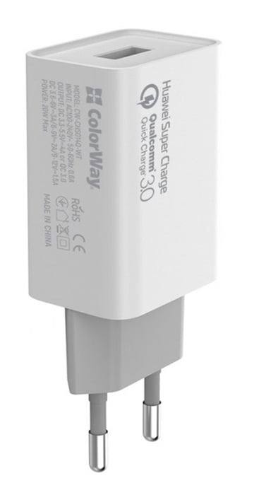 Мережевий зарядний пристрій ColorWay 1USB Huawei Super Charge/Quick Charge 3.0, 4A (20W) білий (CW-CHS014Q-WT) | Фото 3