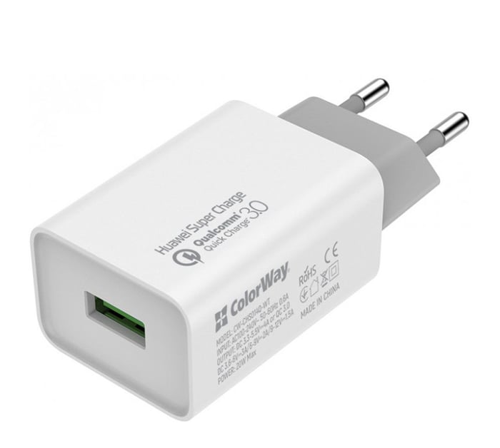 Мережевий зарядний пристрій ColorWay 1USB Huawei Super Charge/Quick Charge 3.0, 4A (20W) білий (CW-CHS014Q-WT) | Фото 2
