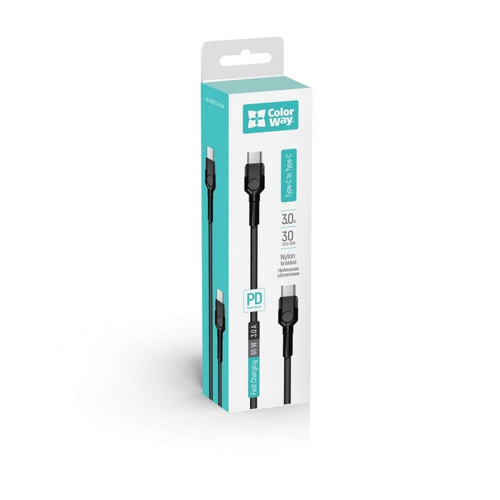 Кабель USB ColorWay Type-C - Type-C (PD Fast Charging 65W) 3.0А 30cm чорний | Фото 2