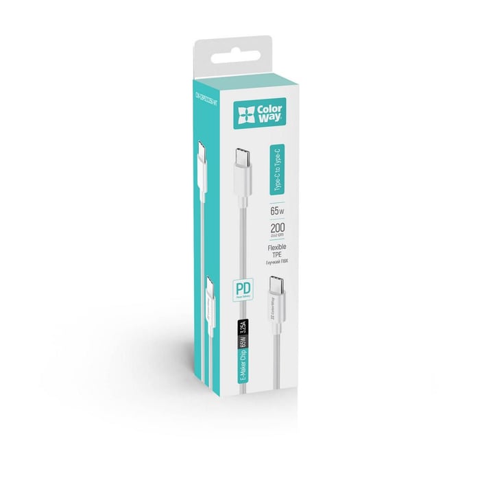 Кабель USB ColorWay Type-C - Type-C (TPE) (PD Fast Charging 60W) 3.0А 1м білий | Фото 2