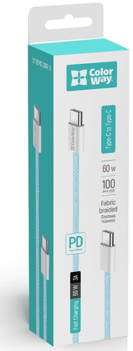 Кабель USB ColorWay Type-C - Type-C (braided cotton) (PD Fast Charging 60W) 3.0А 1м синій | Фото 2