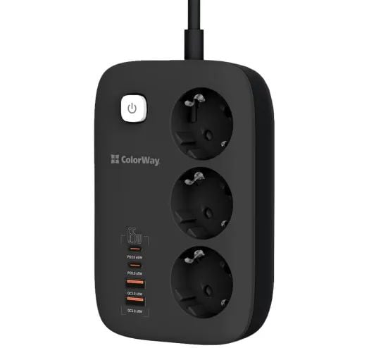 Мережевий фільтр ColorWay 3 розетки/4USB GaN3 Pro PD (2USB-A + 2 TYPE-C) (65W) Black 2M | Фото 3