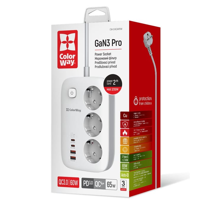 Сетевой фильтр ColorWay 3 розетки/4USB GaN3 Pro PD (2USB-A + 2 TYPE-C) (65W) Black 2M | Фото 2