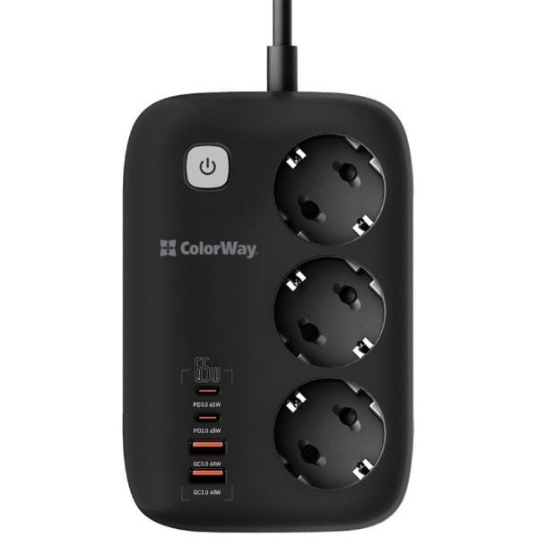 Мережевий фільтр ColorWay 3 розетки/4USB GaN3 Pro PD (2USB-A + 2 TYPE-C) (65W) Black 2M | Фото 2