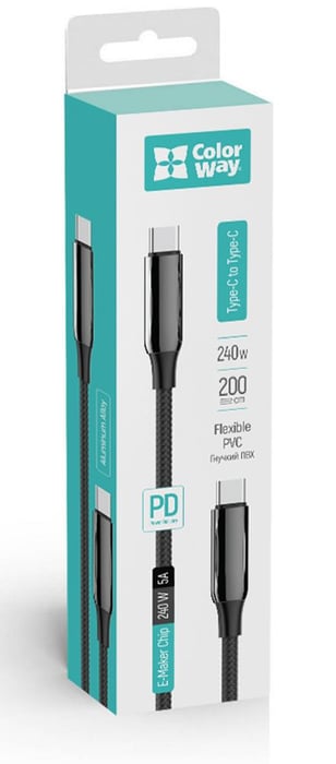 Кабель USB ColorWay Type-C - Type-C (PVC+Aluminum Alloy) (PD Fast Charging 240W) 5А 2м чорний | Фото 3