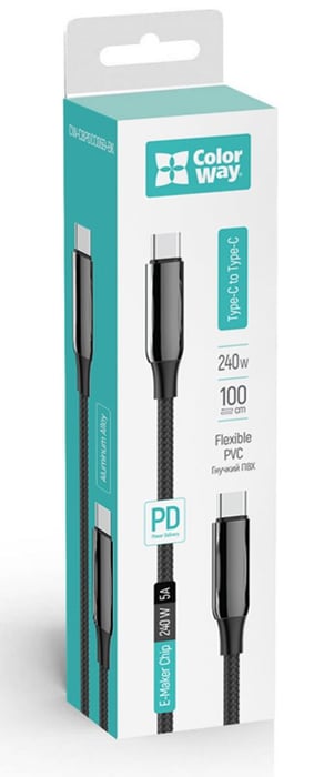 Кабель USB ColorWay Type-C - Type-C (PVC+Aluminum Alloy) (PD Fast Charging 240W) 5А 1м чорний | Фото 3