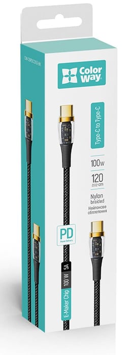 Кабель USB ColorWay Type-C (transparent head) (PD Fast Charging 100W) 5А 1.2м черный | Фото 3