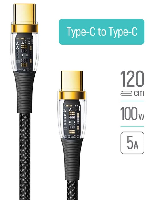 Кабель USB ColorWay Type-C (transparent head) (PD Fast Charging 100W) 5А 1.2м черный | Фото 2