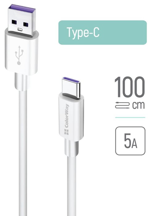 Кабель USB ColorWay Type-C (Fast Charging) 5.0А 1м білий | Фото 2
