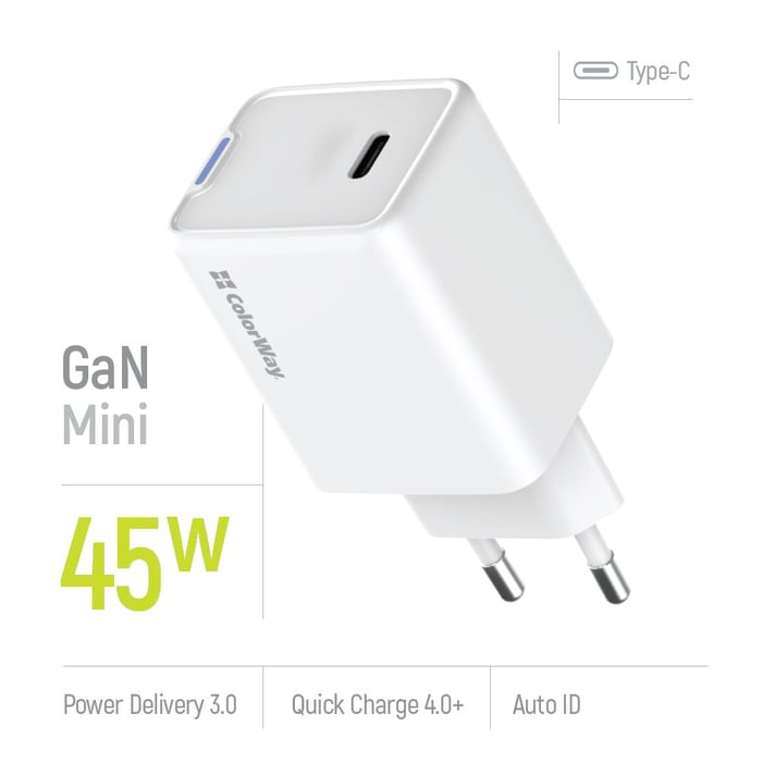 Автомобільний зарядний пристрій ColorWay GaN Mini 45W PD Port PPS USB-C біле | Фото 2