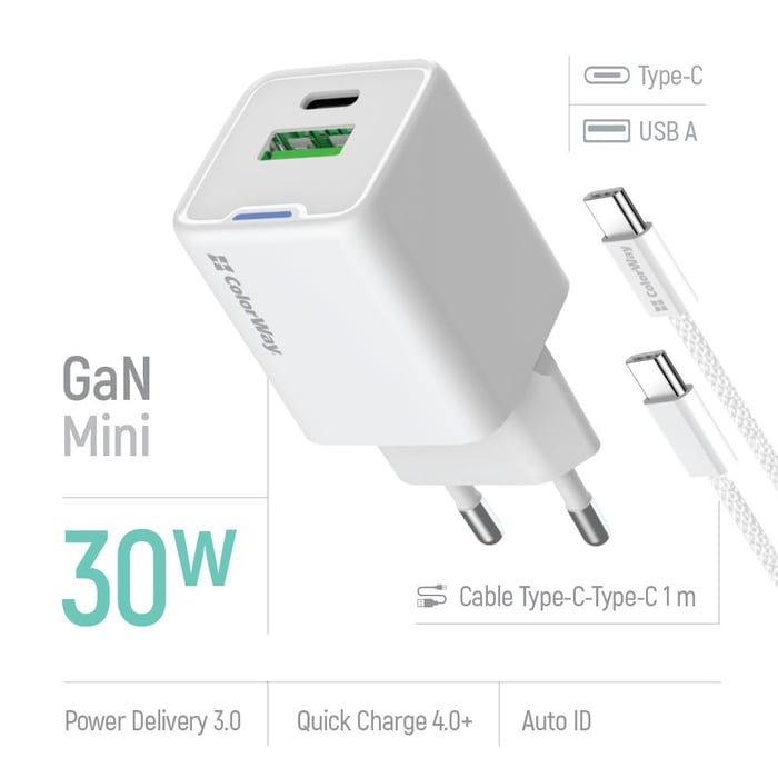 Автомобільний зарядний пристрій ColorWay GaN Mini 30W PD Port PPS USB (Type-C PD + USB QC4.0) cable Type-C | Фото 2