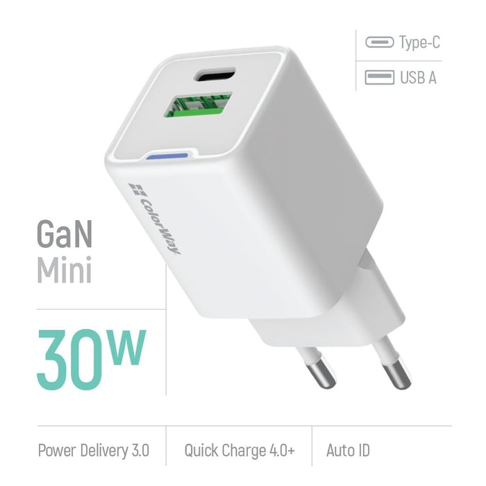 Мережевий зарядний пристрій ColorWay GaN Mini 30W PD Port PPS USB (Type-C PD + USB QC4.0) біле | Фото 2