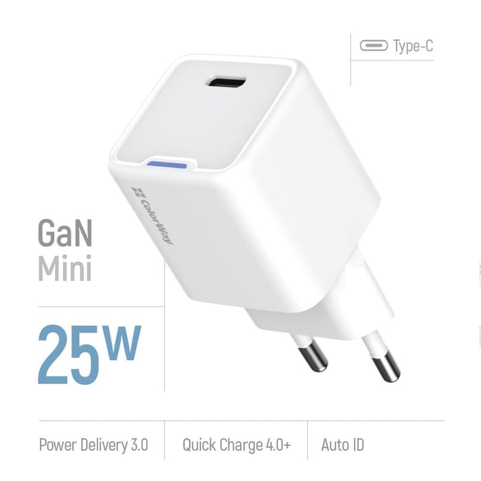 Мережевий зарядний пристрій ColorWay GaN Mini 25W PD Port PPS USB-C біле | Фото 2