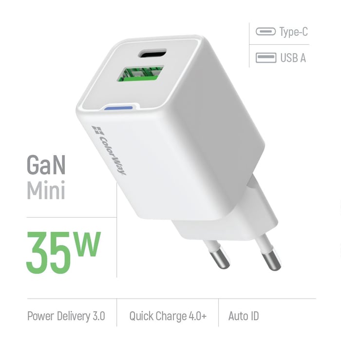 Мережевий зарядний пристрій ColorWay GaN Mini 35W PD Port PPS USB (Type-C PD + USB QC4.0) біле | Фото 2