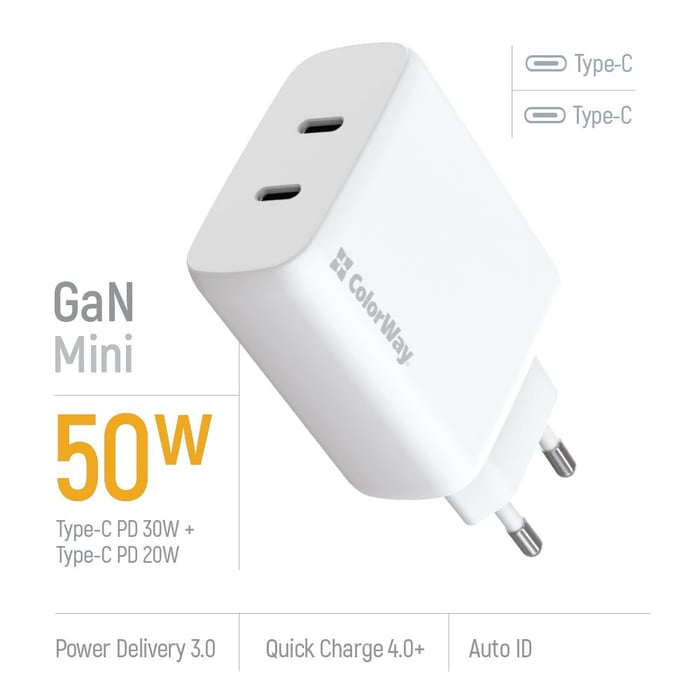 Автомобільний зарядний пристрій ColorWay GaN Mini 50W PD Port PPS USB (Type-C PD 30W + Type-C PD 20W) біле | Фото 2