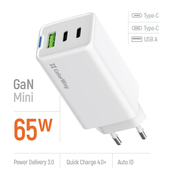 Мережевий зарядний пристрій ColorWay GaN Mini 65W PD Port PPS USB (USB-2C1A) біле | Фото 2