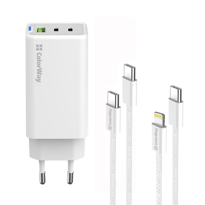 Мережевий зарядний пристрій ColorWay GaN Mini 65W PD Port PPS USB (USB-2C1A) cable Type-C&Lightning | Фото 3