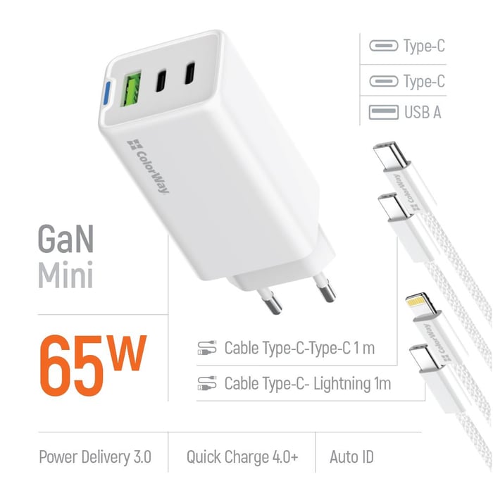 Мережевий зарядний пристрій ColorWay GaN Mini 65W PD Port PPS USB (USB-2C1A) cable Type-C&Lightning | Фото 2