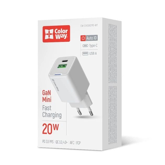 Мережевий зарядний пристрій ColorWay GaN Mini 20W PD Port PPS USB (Type-C PD + USB QC4.0) | Фото 2