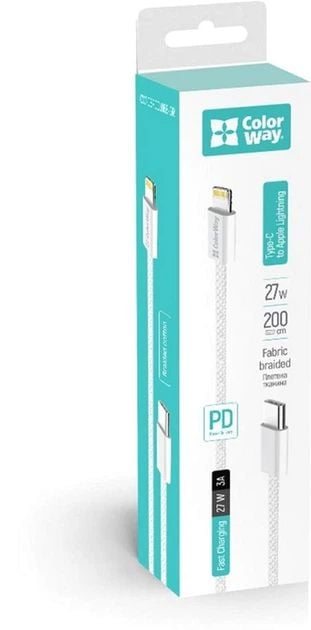 Кабель USB ColorWay Type-C - Apple Lightning (braided cotton) (PD Fast Charging 27W) 2м сірий | Фото 2