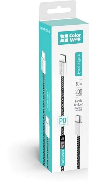 Кабель USB ColorWay Type-C - Type-C (braided cotton) (PD Fast Charging 60W) 3.0А 2м сірий | Фото 2