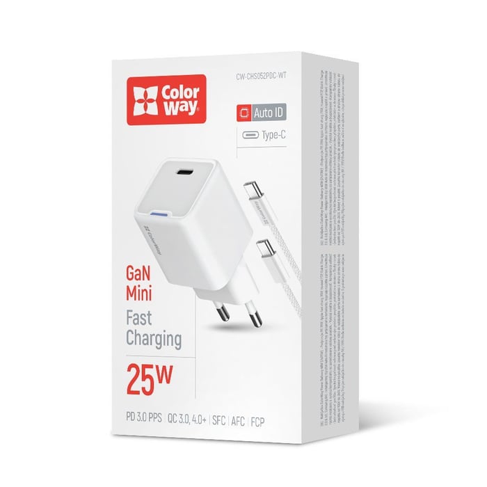 Мережевий зарядний пристрій ColorWay GaN Mini 25W PD Port PPS USB-C біле cable Type-C | Фото 2