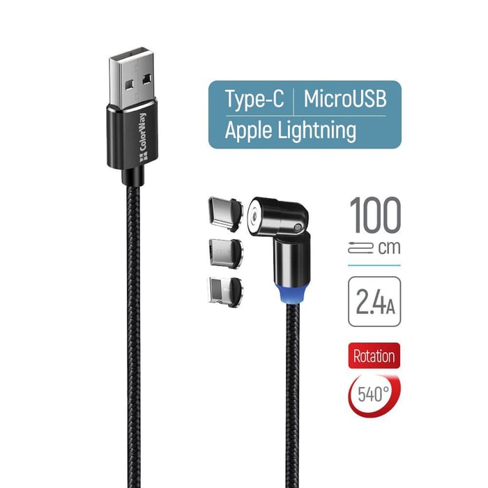 Кабель USB ColorWay USB - 3в1 (Lightning + MicroUSB + Type-C) Magnetic Rotation 540 ° 2.4а 1м чорний | Фото 2