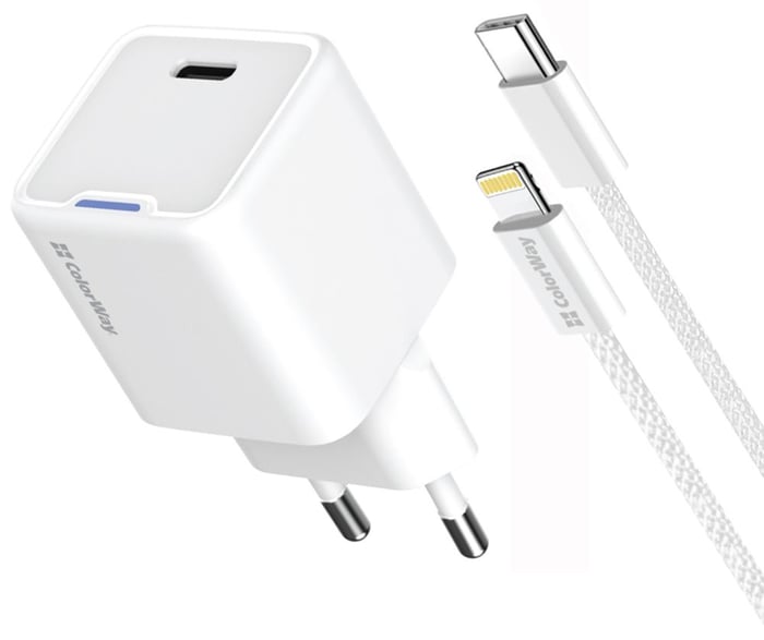 ColorWay GaN Mini 20W PD Port PPS USB-C білий cable Lightning | Фото 3