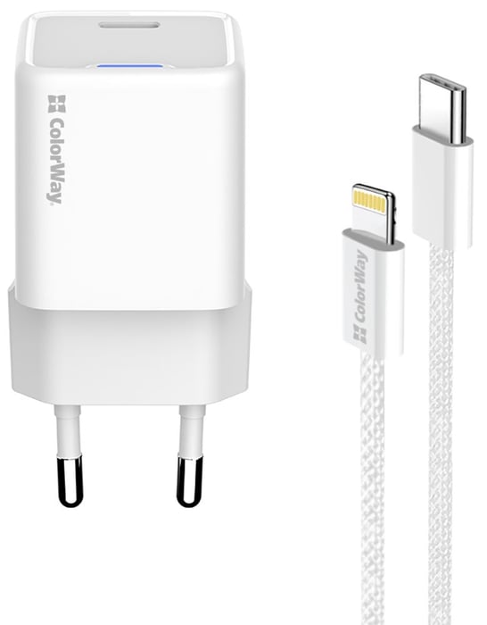ColorWay GaN Mini 20W PD Port PPS USB-C білий cable Lightning | Фото 2