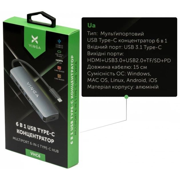 Концентратор Vinga USB Type-C 3.1 to HDMI+USB3.0+USB 2.0+SD/microSD+PD 6in1 (VHC6) | Фото 2