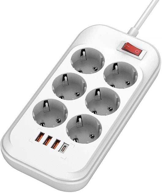 Мережевий фільтр-подовжувач ColorWay 6 розеток/4USB (Type-C PD20W + 3USB QC3.0) (38 Вт) 2 м White (CW-CHE64PDW) | Фото 1