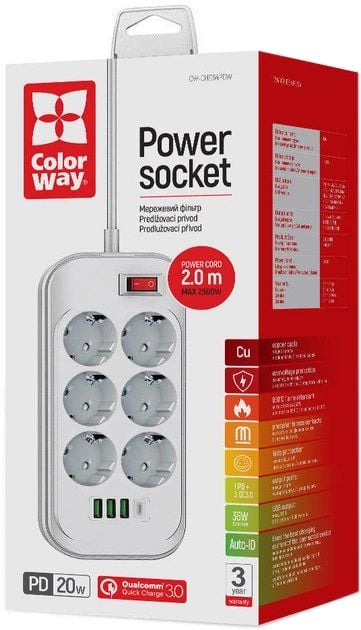 Мережевий фільтр-подовжувач ColorWay 6 розеток/4USB (Type-C PD20W + 3USB QC3.0) (38 Вт) 2 м White (CW-CHE64PDW) | Фото 2