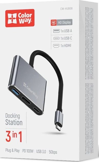 USB-хаб (док-станція) ColorWay USB-C 3-в-1 Type C PD 100W/USB3.0/HDMI 4К Grey (CW-HUB08) | Фото 3