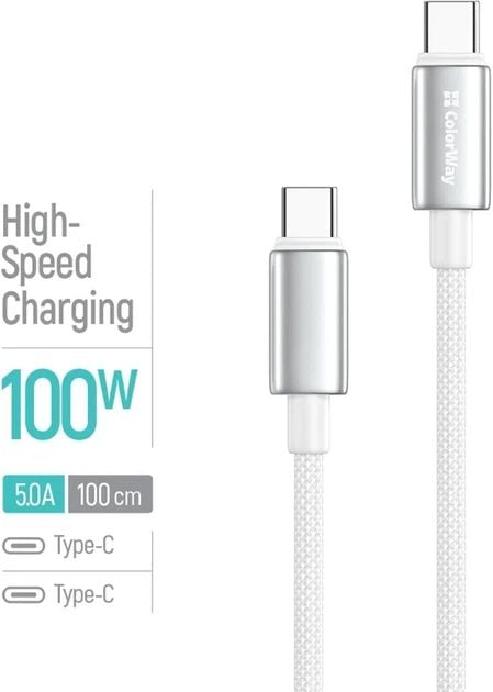 Кабель USB ColorWay Type-C (zinc alloy braided) (PD Fast Charging 100W) 5А 1м білий | Фото 3