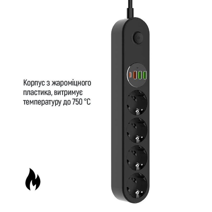 Мережевий фільтр ColorWay 4 розетки/4USB (Type-C PD20W + 3USB QC3.0) (45W) Black 2M | Фото 3